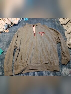 Colosseum Gray Quarter-Zip Sweater with Red Oklahoma Logo